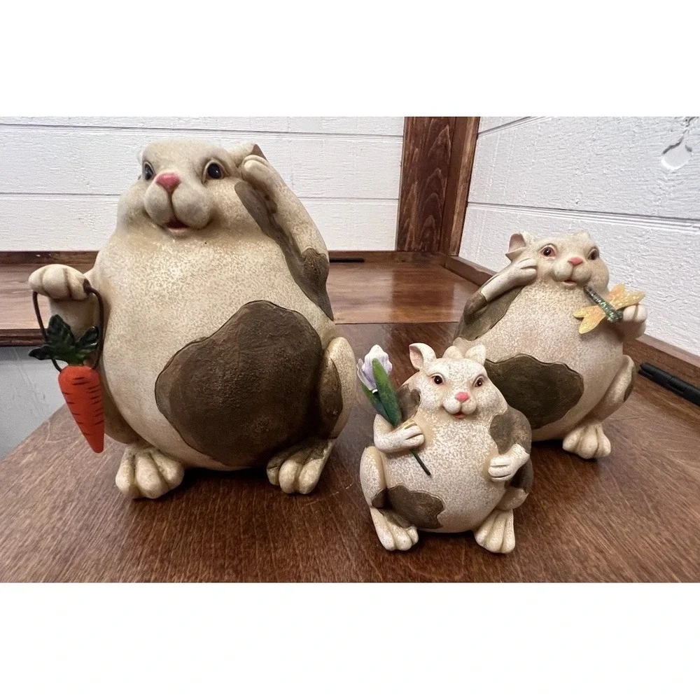 Set of 3 Whimsical Round Fat Polyresin Bunny Figurines